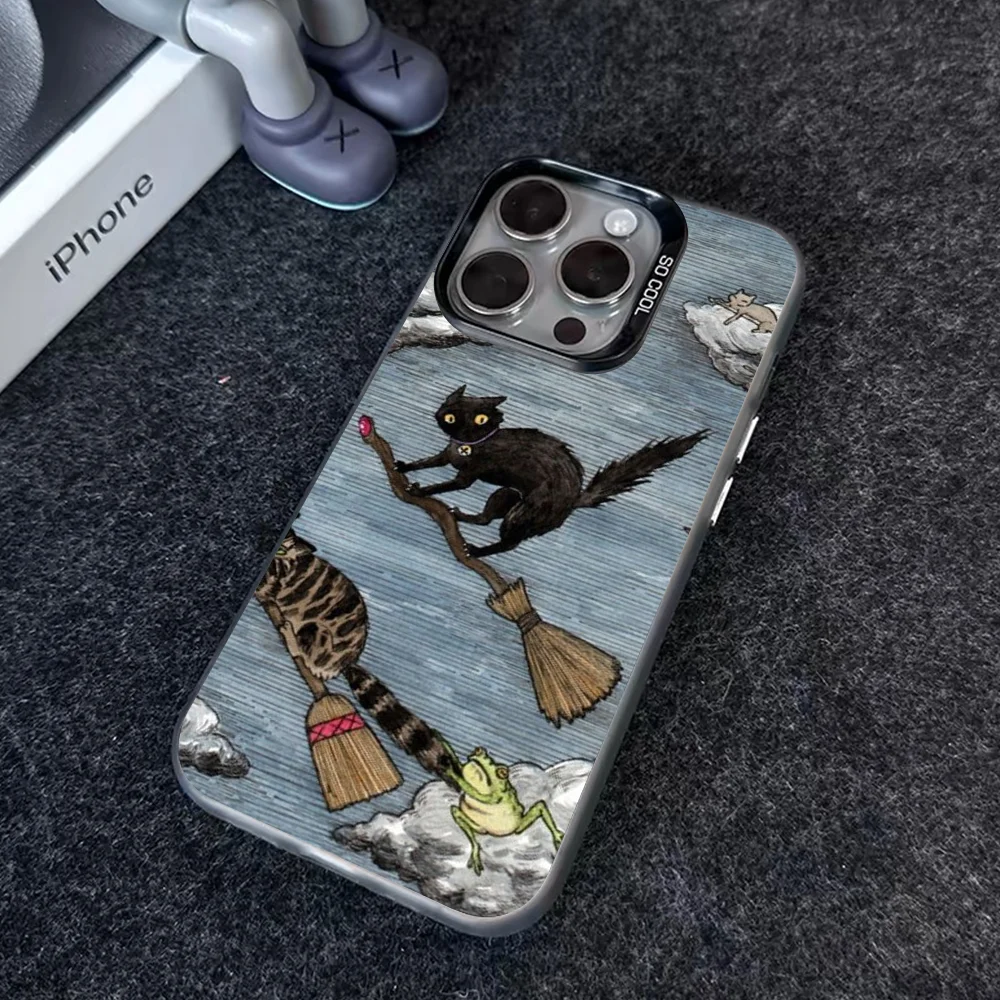 Cartoon Dark Funny Cat Creative Phone Case IMD Color Silver Shell For IPhone 16 15 14 13 12 Pro Max Plus