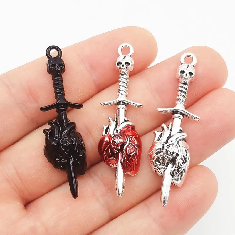 10Pcs/Lot Punk Gothic Skull Sword Charm Pendant Sword Piercing Heart Pendant Red Enamel DIY Handmade Jewelry Making Accessories
