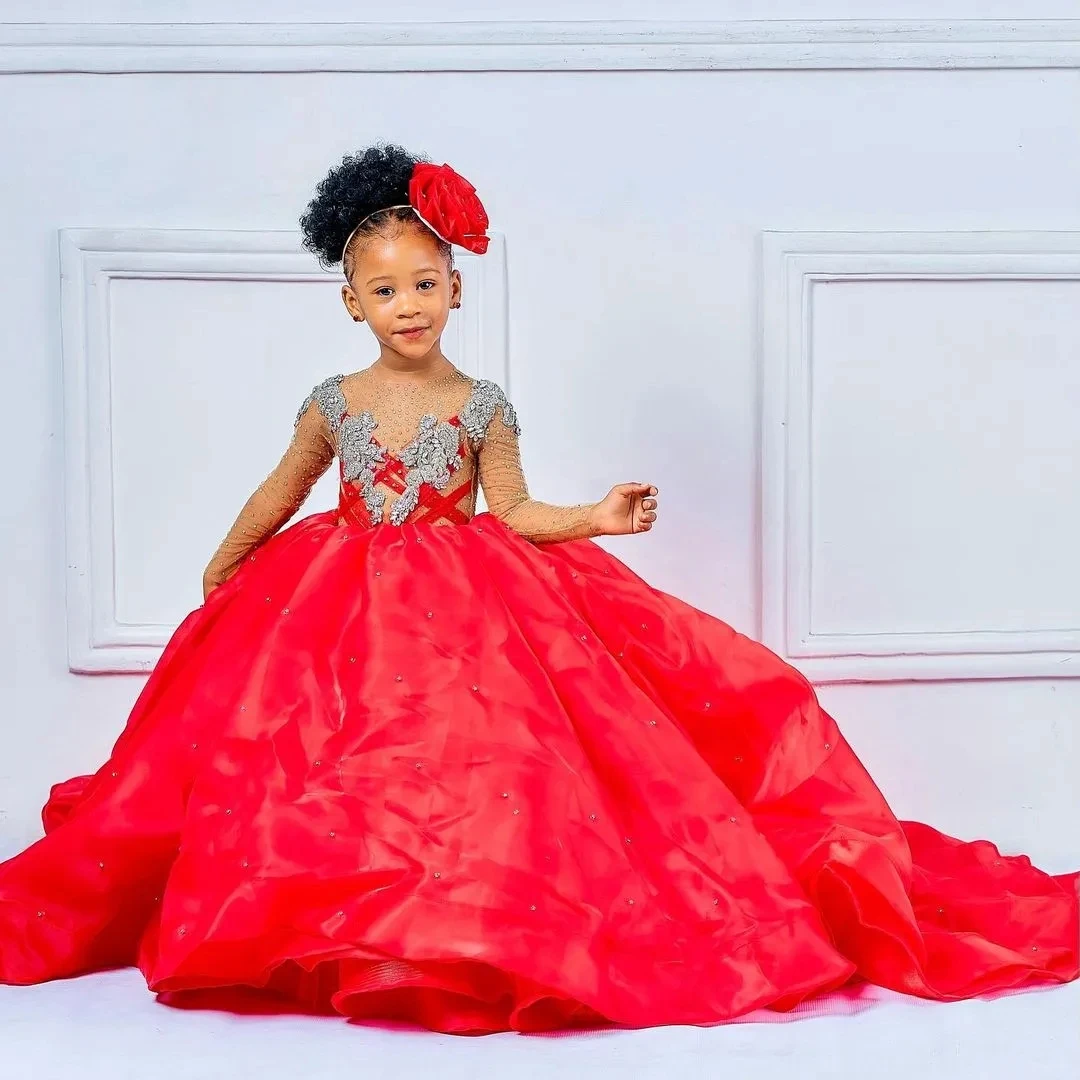 Red African Flower Girl Dresses Ball Gown Long Sleeves Beaded Baby Little Girl Peageant Dress Gowns For Black Girls