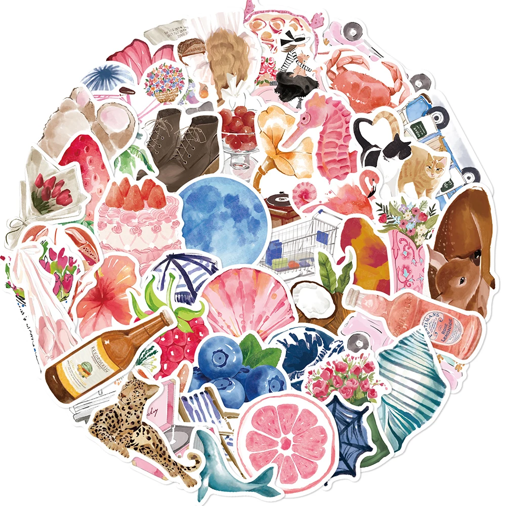 

10/30/50/100pcs Cute Watercolor Diary Aesthetic Stickers Waterproof DIY Scrapbook Suitcase Phone Cartoon Ins Style Decals Decor