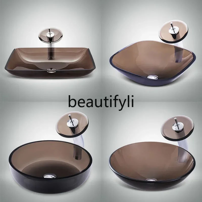 

ss Bathroom square tempered glass counter basin modern simple wash basin transparent gray art basin brown