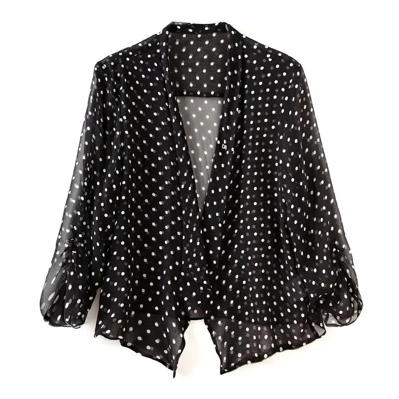 Women Clothing Fashion Polka Dot Print Elegant Thin Sunscreen Shirt Summer 3/4 Sleeve Loose See Through Blouse Casual Loose Tops