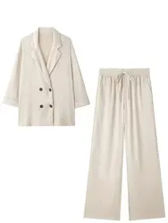 HH Women Elegant Solid Wrinkle Effect Blazer Pant Suit Double Breasted Long Sleeve Coat Straight Trouser Office Lady Sets