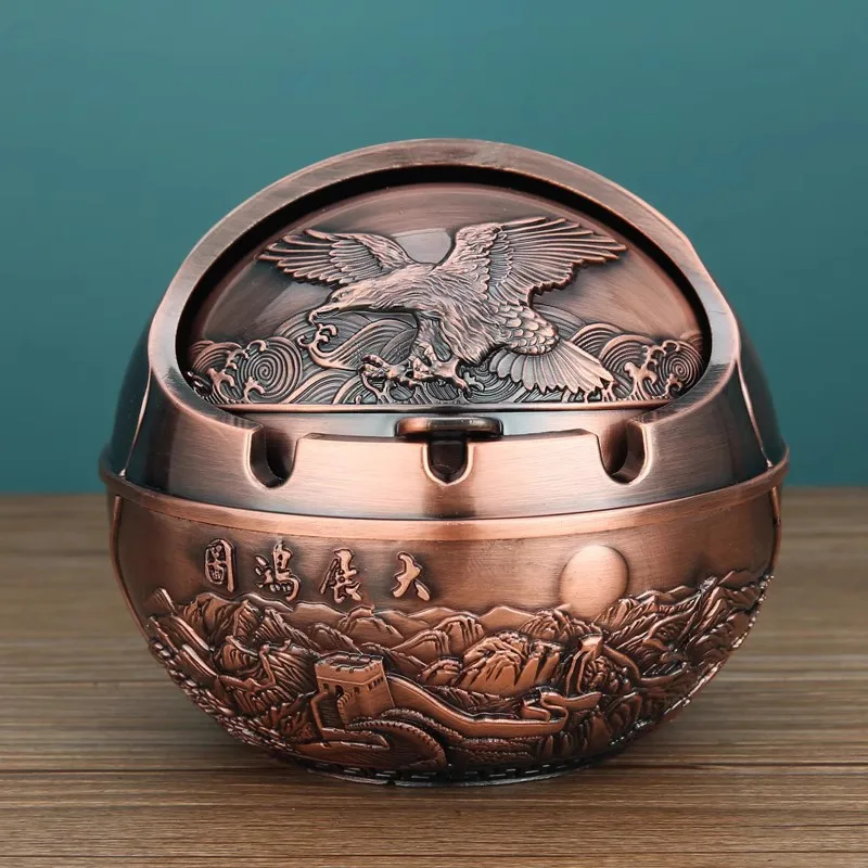 

New Ashtray Zinc Alloy Windproof Semi Closed Cover 3D Enamel Design Globe Ashtray Large-Red copper-Grand vision