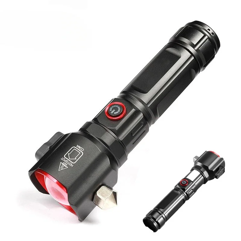 

High power led flashlight with Safety Hammer Personal defense Torch COB Waterproof Work light USB rechargeable flashlights