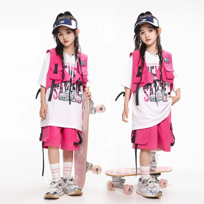 Kid Cool Kpop Hip Hop Clothing Rose Vest Crop Top T Shirt Casual Strap Cargo Shorts for Girl Boy Jazz Dance Wear Costume Clothes