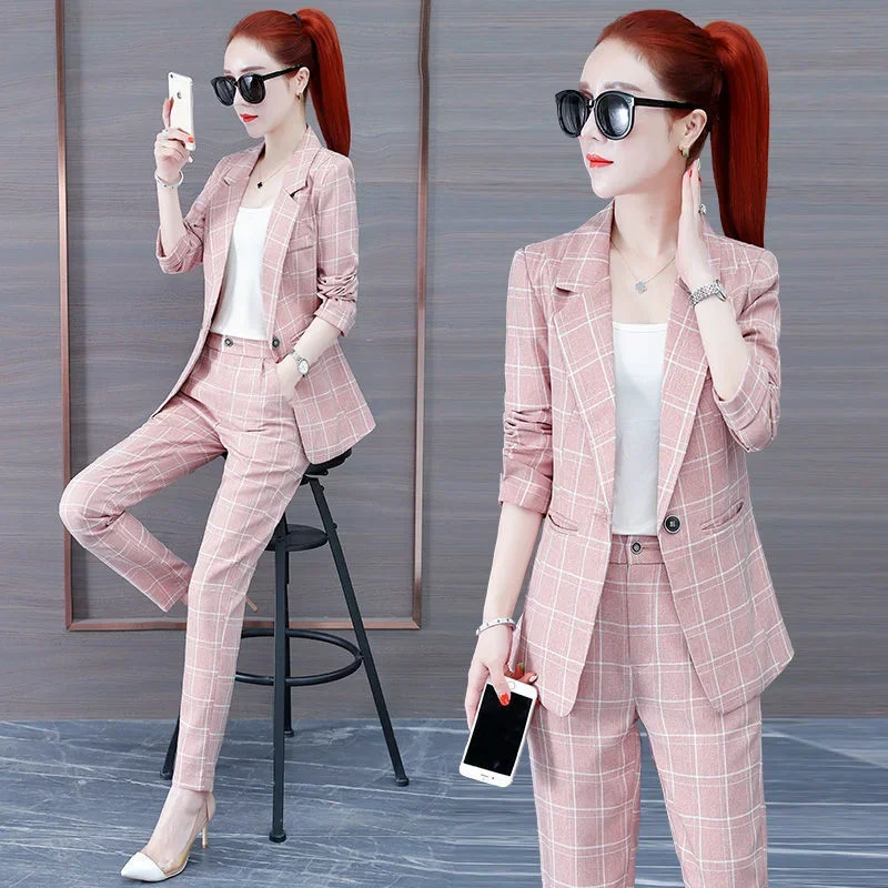 Set da 2 pantaloni da donna da ufficio Set da due pezzi Pantaloni da donna Abiti rosa Pantaloni scozzesi verdi Abiti Blazer e Xxl Stile coreano D