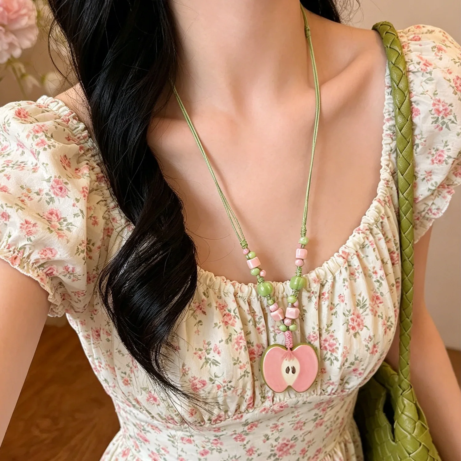 Premium Ceramic Apple Pendant Long Necklace Minimalist Beach Resort Style Collarbone Chain for Women Daily