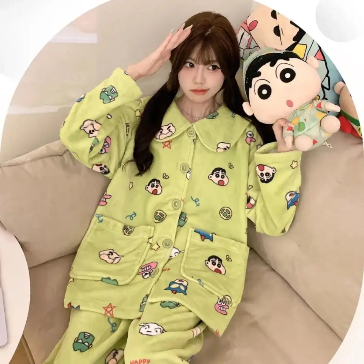 Ensemble de pyjama Crayon Shin-Chan pour femme, pantalon long à manches longues, glouton chaud, mignon, décontracté, salon, filles, hiver, nouveau, 2024