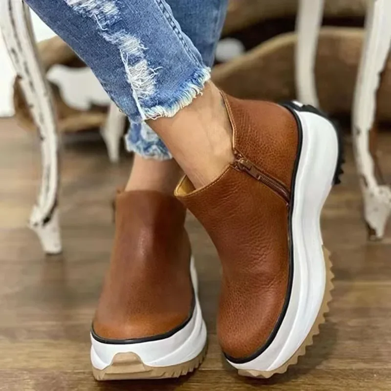 Women Leather Boots Round Toe Side Zipper White Bottom Ladies Platform Shoes Solid Color Daily Walking Female Ankle Booties