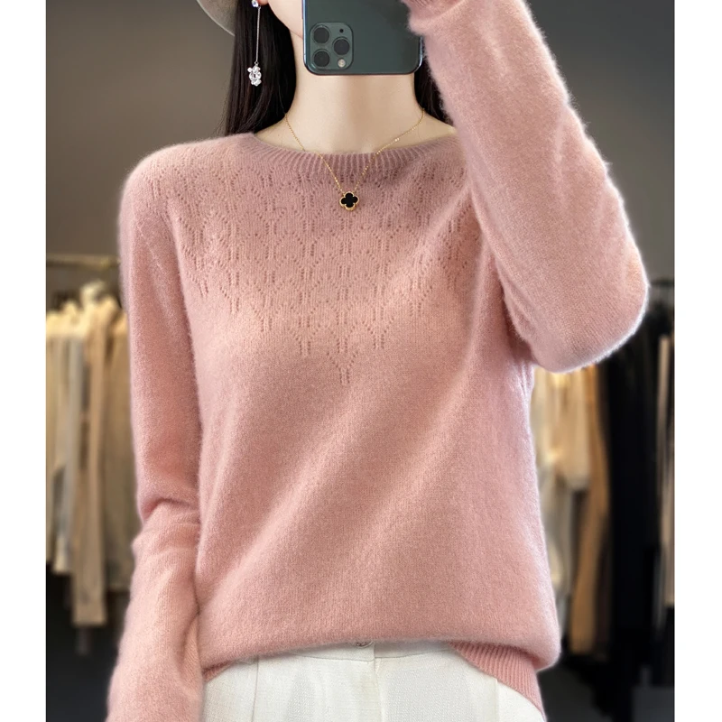 Women\'s pullovers Spring/Autumn new 100% pure wool sweater casual knitted sweater loose hollow bottom Blouse round neck Tops