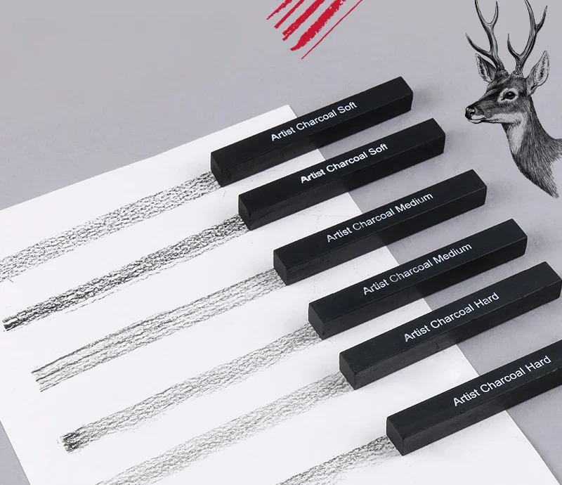 Premium 6Pcs Square Sketch Charcoal Sticks Soft Medium Hard Compressed Drawing Pencils Set Graphite Rod Art Supplies