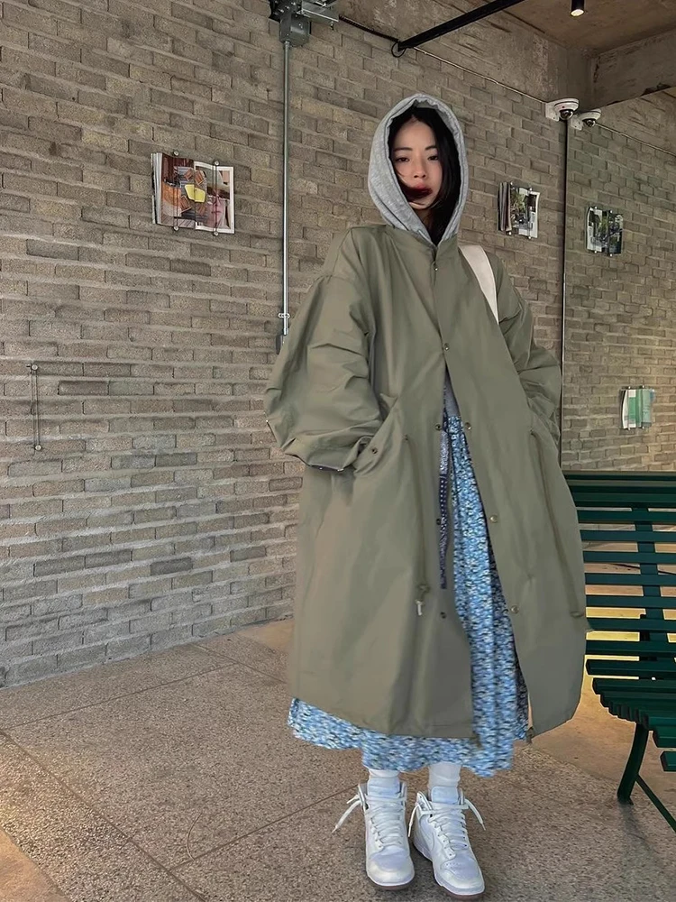 

Chic Autumn New Sle Workwear Retro Double ket Color Blo Long Sve Mid-Length Women's Windbreaker Coat Faionable Co...