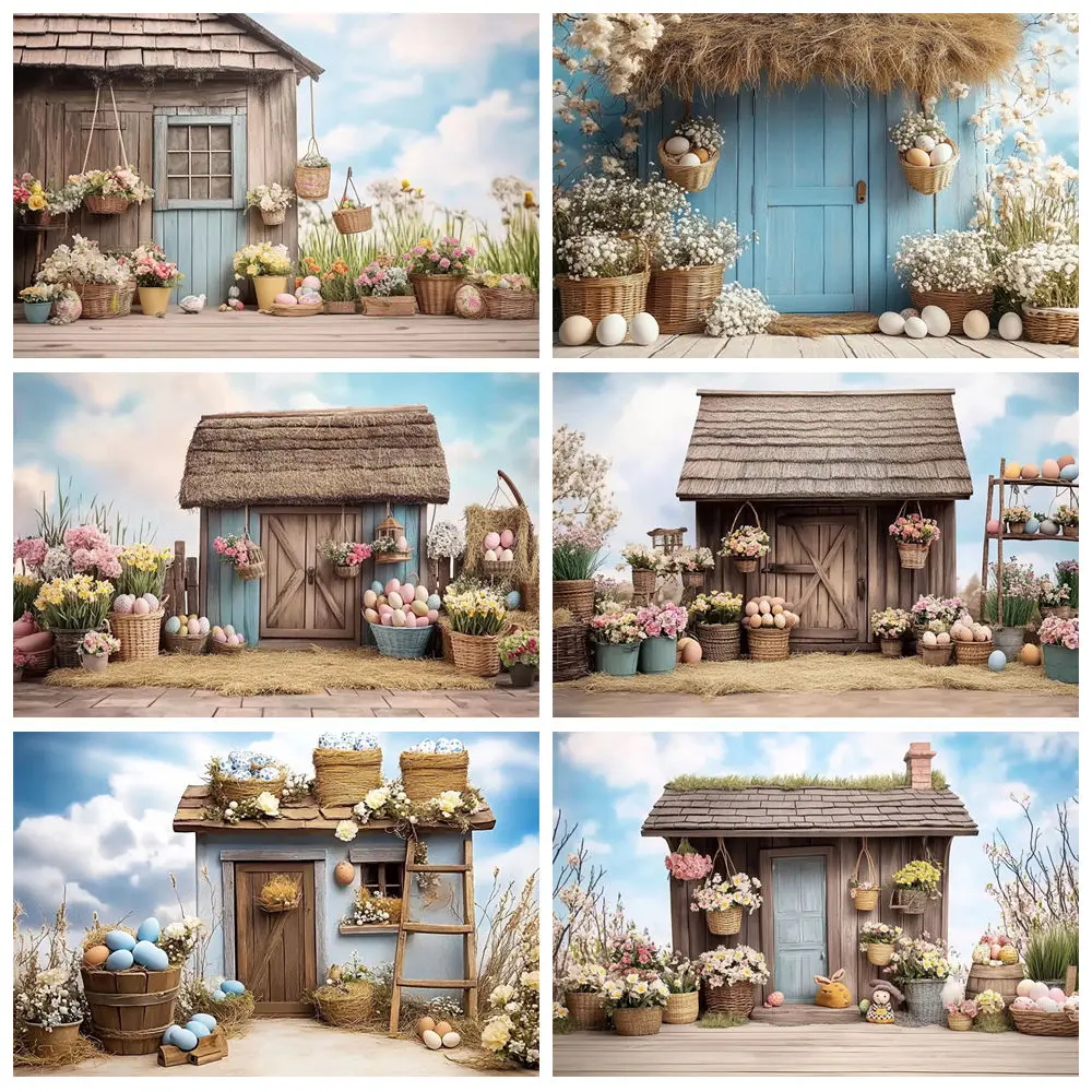

Spring Garden Flower House Background For Photography Wooden Door Blue Sky Eggs Baby 1st Birthday Party Decor Backdrop Photozone