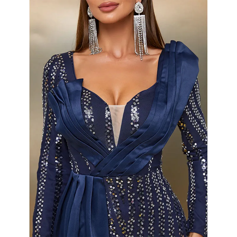 Blue sequined Mother Of The Bride Dress Long Sleeves Satin Evening Saudi Arabia Party Dresses Luxury Prom Formal Occasion Gowns