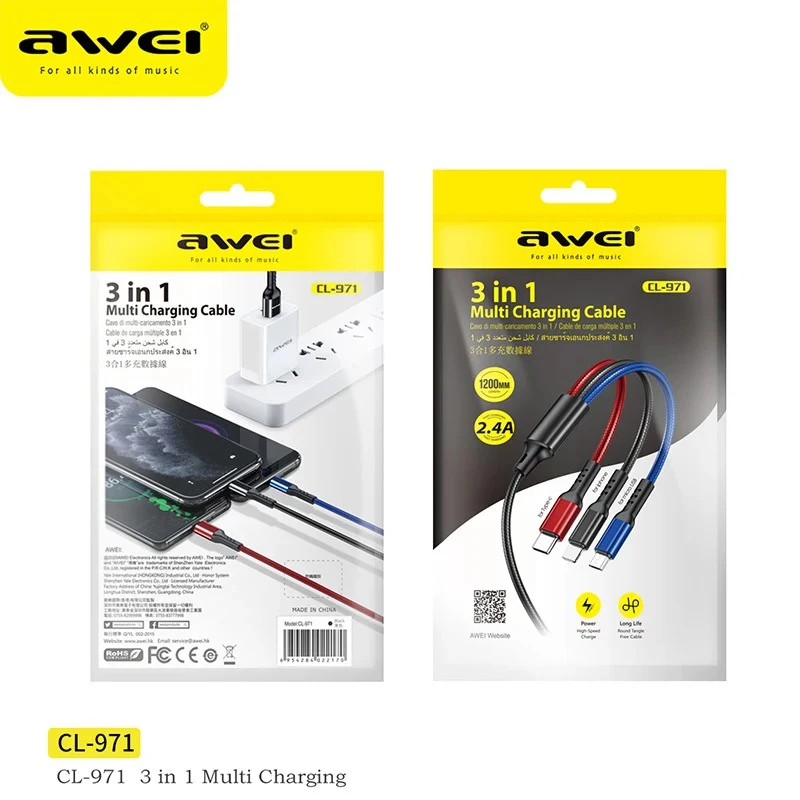 Awei CL-971 cable carga rapida 3 en 1 Cable de carga múltiple 3 en 1 2.4A Cable de carga rápida para iPhone Xiaomi USB Tipo C Cable de teléfono