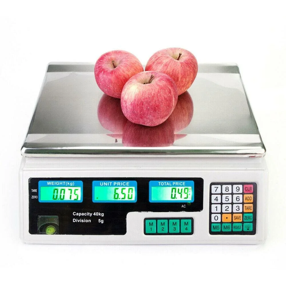 40kg Digitale Preisberechnungswaage aus Edelstahl für den gewerblichen Einsatz mit dreifachem LCD-Display, Tarafunktion, Preisspeicherung, für Gemüsehändler, Obst, Gemüse, Metzger, Marktstände und Einzelhandel – Detail 3