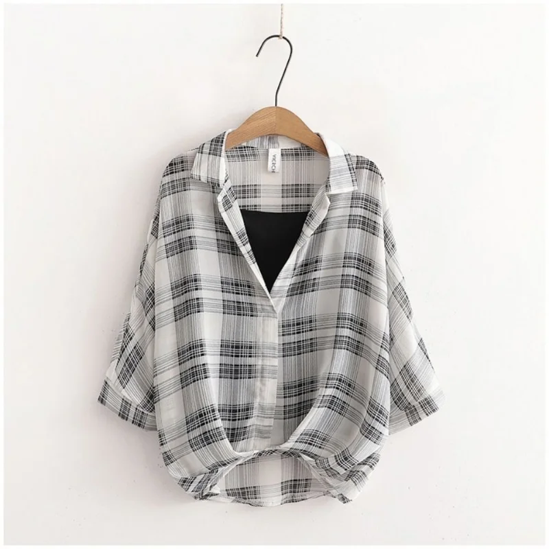 Vintage Thin Plaid Blouse Summer New Short Sleeve Polo Neck Loose Asymmetrical Short Shirt Tops Casual Fashion Women Clothing