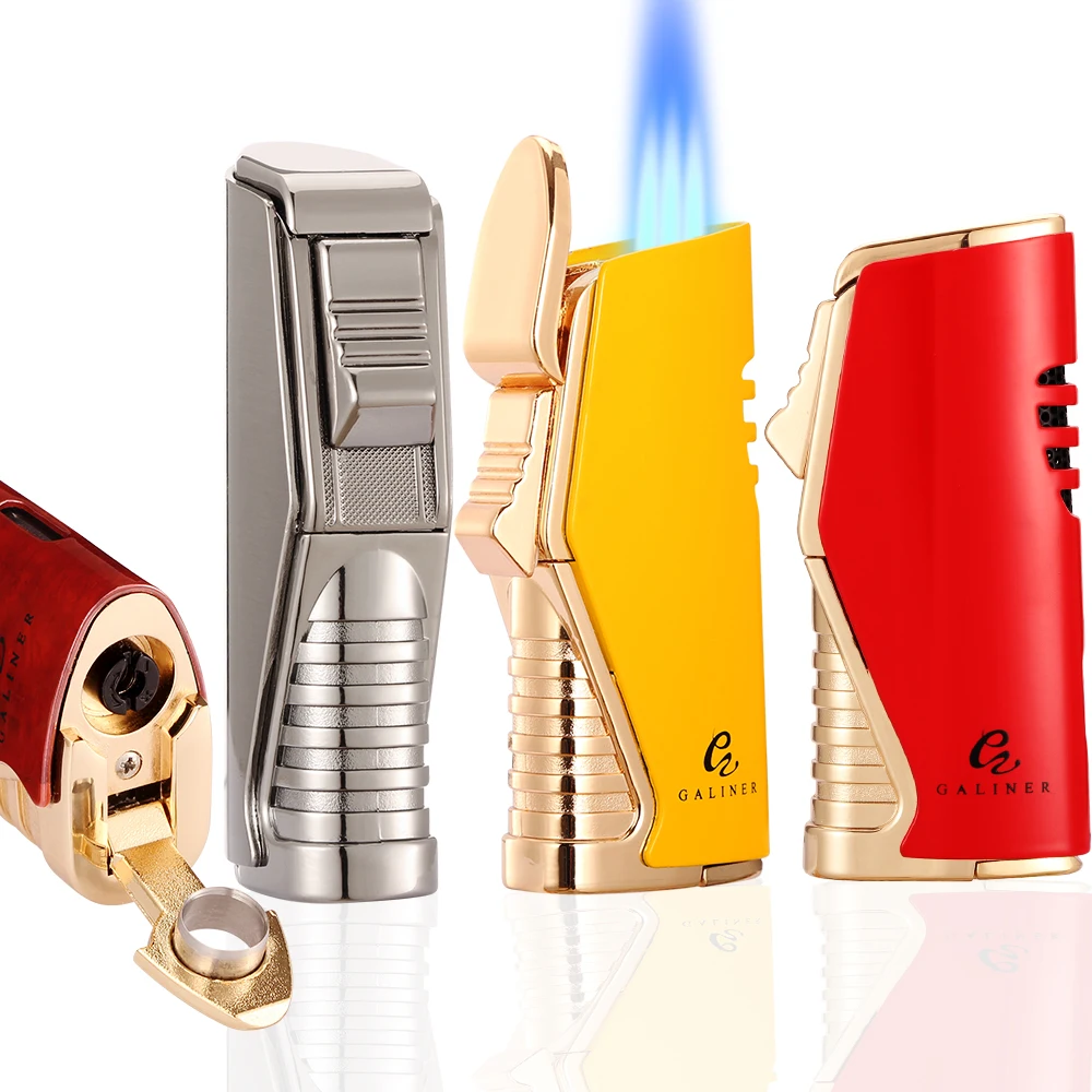 Galiner Portable Metal Cigar Lighter Adjustable 3 Torch Flames Gas Lighter Smoking Accessories Gift Box Packaging