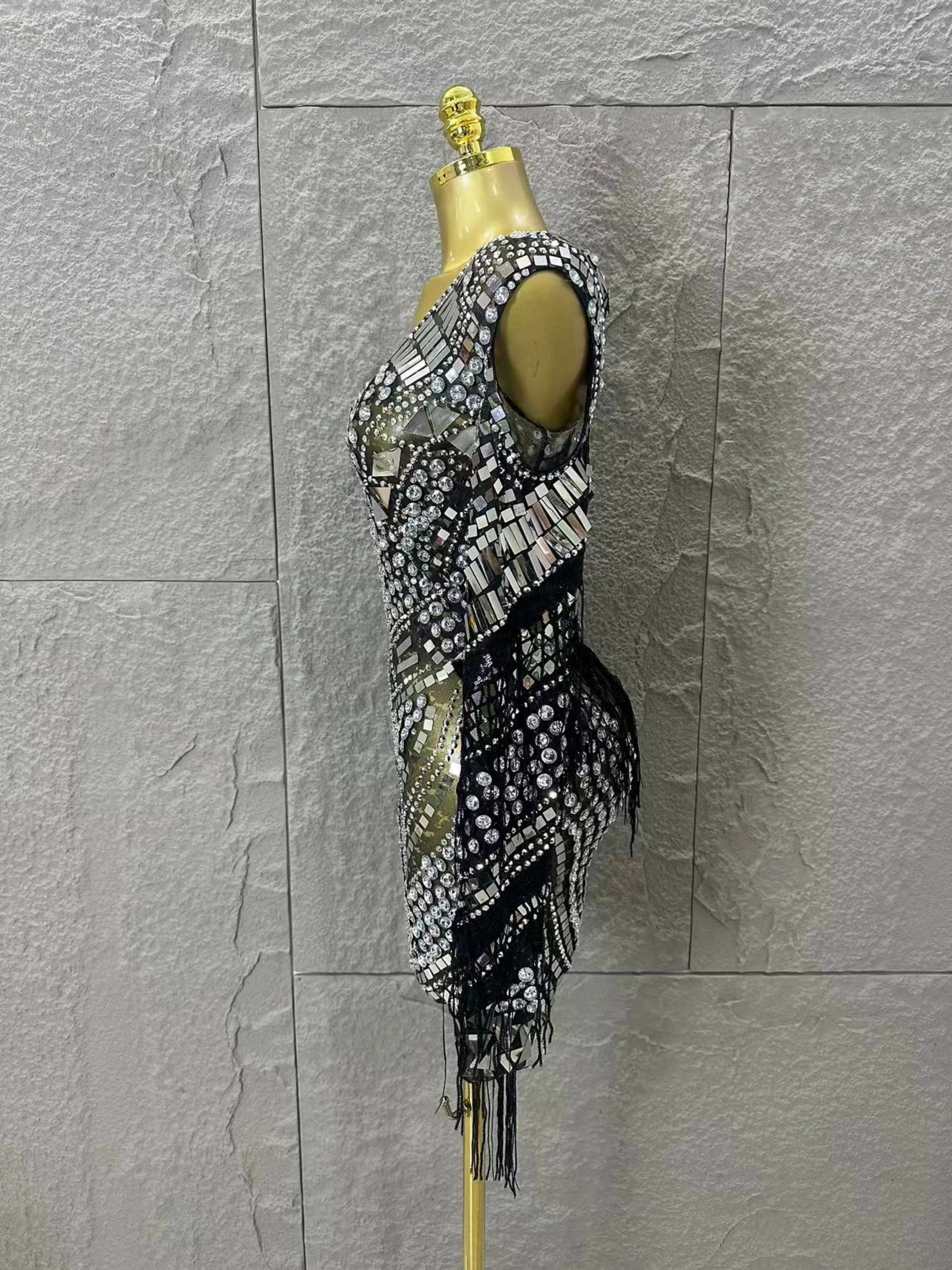 Luksusowa, błyszcząca sukienka mini z cekinami, frędzlami, długimi rękawami, prześwitująca, idealna na wieczorne przyjęcie, urodziny, seksowna, z siateczki, do klubu nocnego.