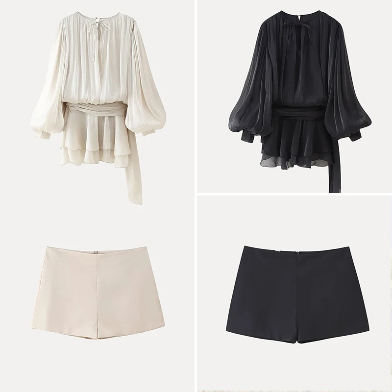 

Ele Bubble Sve Pleated Skirt And orts Set for Women Summer New Arrival Polyester Fiber Faionable Ensemble