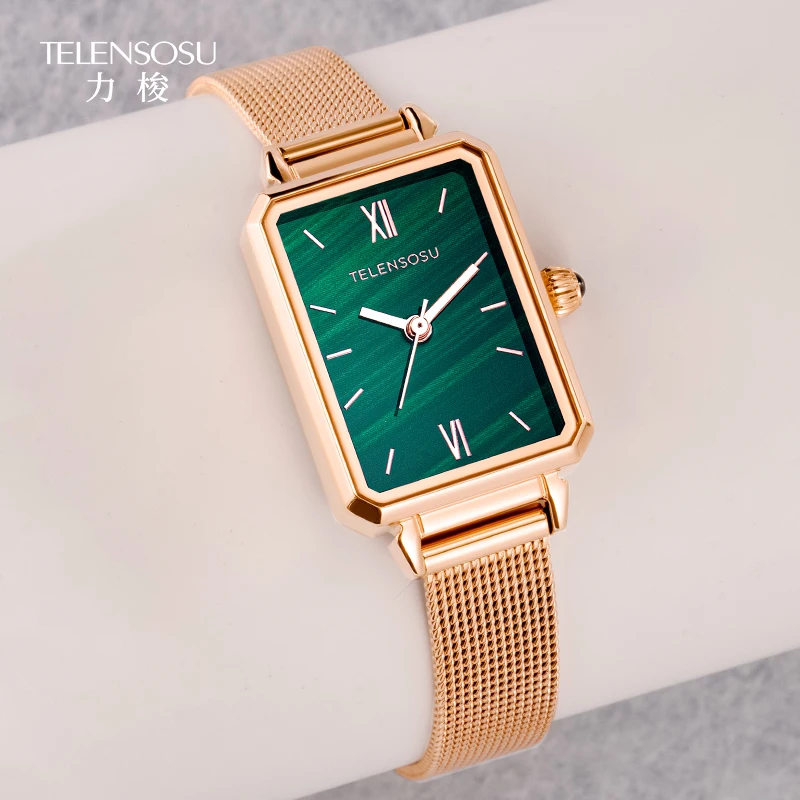 TELENSOSU женские кварцевые часы, роскошные сахарные кубики, малахитовый циферблат, ремешок из нержавеющей стали, модные роскошные подарочные женские часы 8820