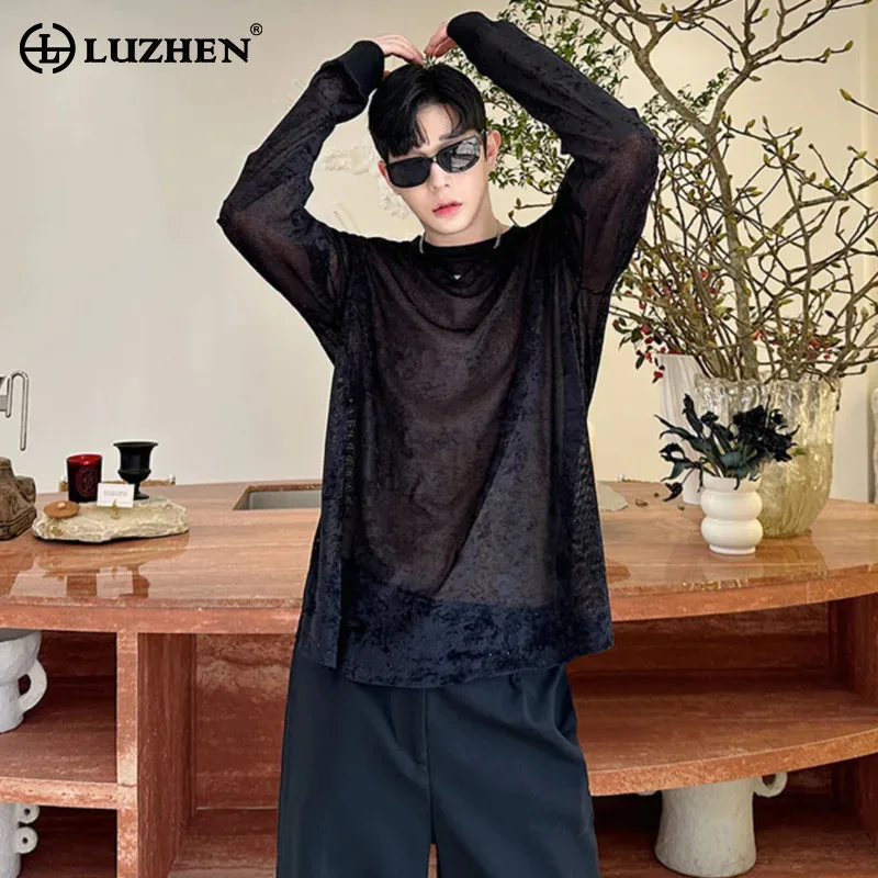 

LUZHEN корейские модные высококачественные футболки с длинным рукавом 2025, мужские стильные однотонные красивые элегантные топы JY2661
