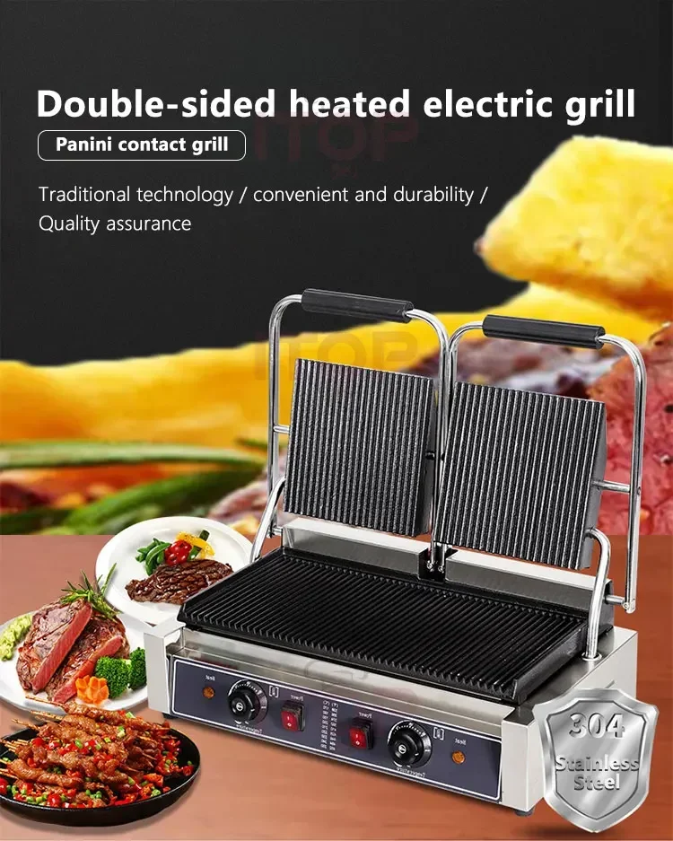 Full Grooved And Full Flat 2in1 Double Plate Panini Sandwich Press Grill Beef Steak Machine Commercial Electric Contact Grill