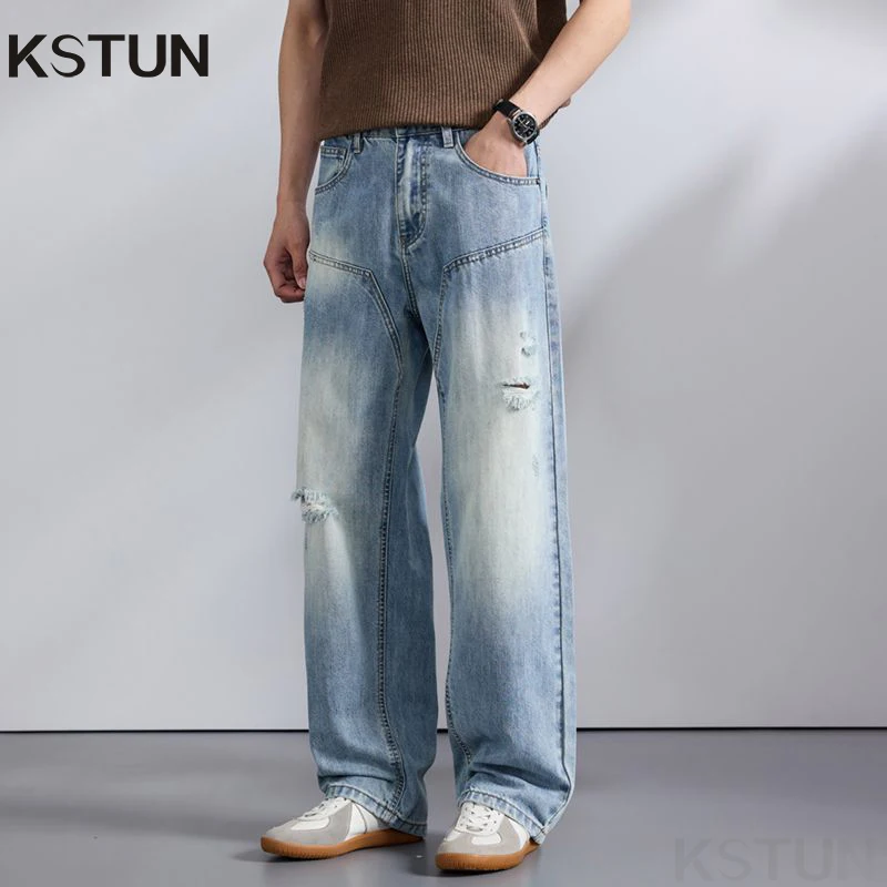 

KSTUN Summer Ripped Jeans Men Hip Hop Light Blue Distressed Wide-leg Pants Baggy Jeans Loose Patched Vintage Hollow Out Trousers