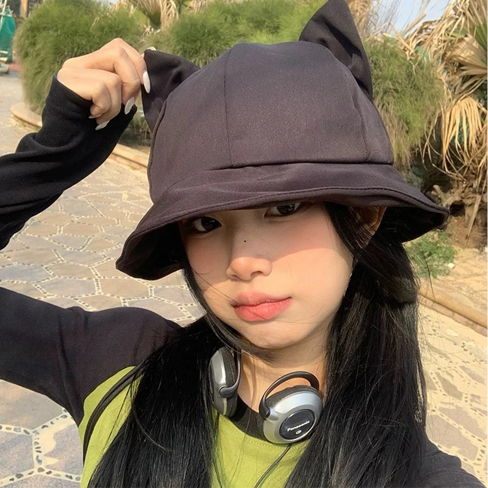 2024 Cartoon Solid Color Cotton Bucket Hat Cute Sweet Cat Ear UV Protection Beach Hat Fisherman Hat Sun Cap Kids Outdoor Travel