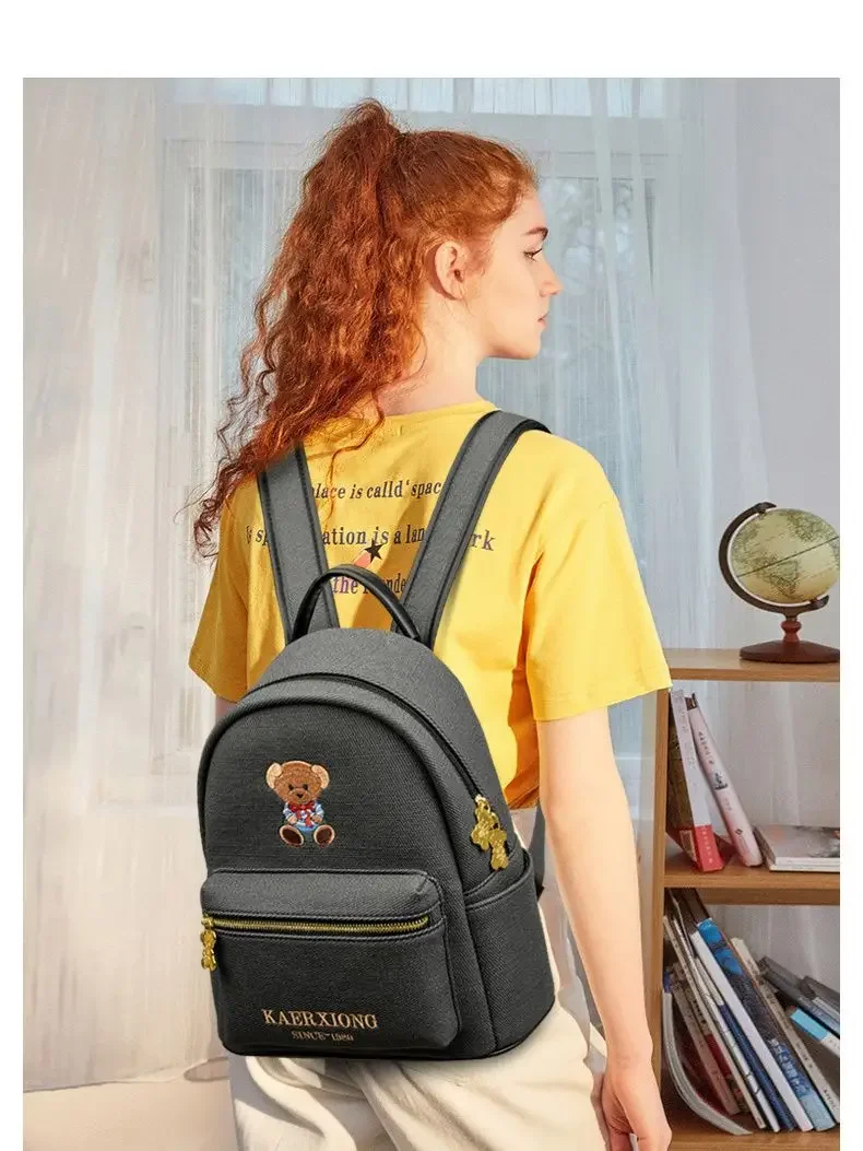 Cute Bear Embroidery Backpack for Women 2024 New Korean Fashion Soft Leather Large Capacity Casual Travel Mini Backpack Mochila