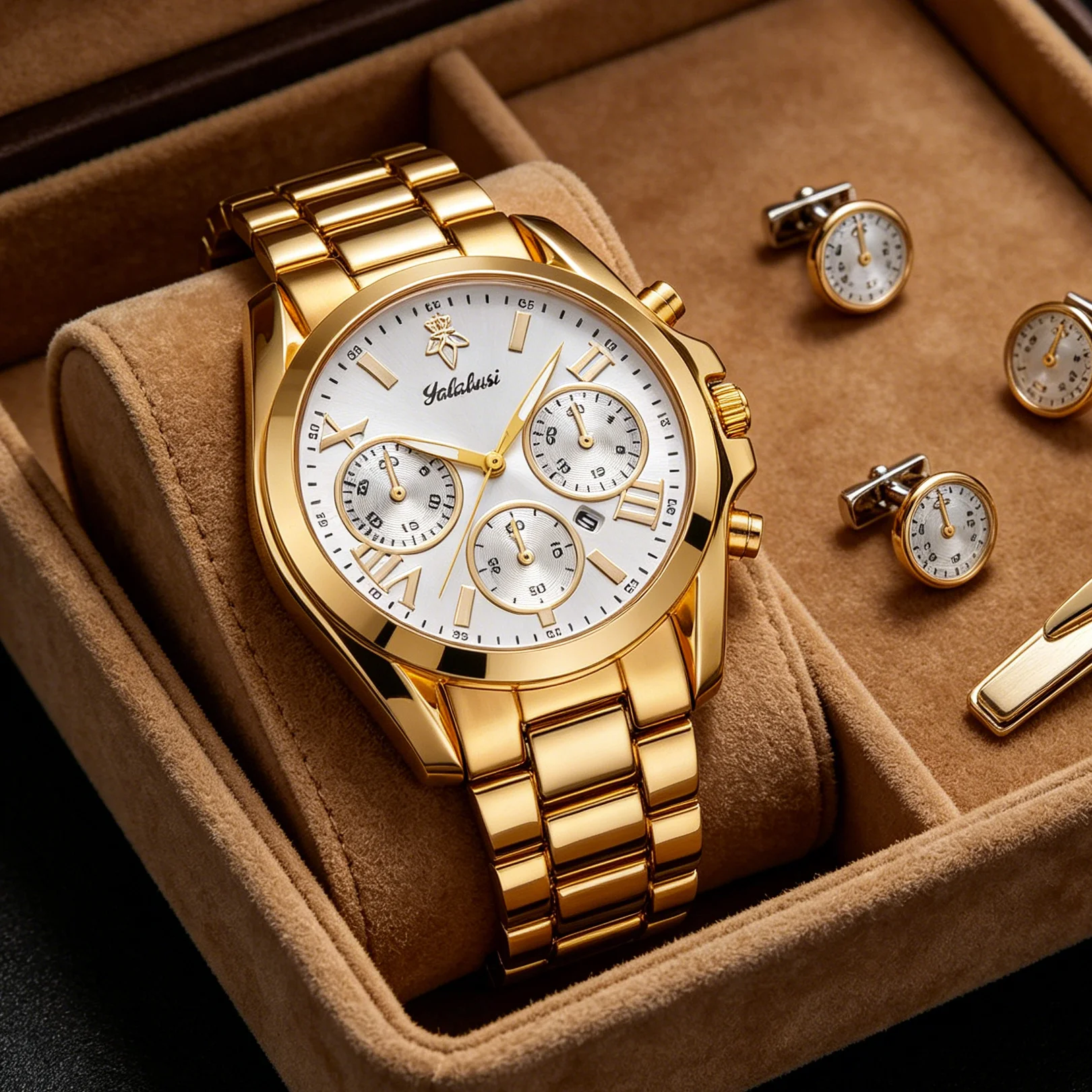 YaLaLuSi Men Women Luxury Gold  Chronograph Watch Yolalusi Roman White Dial Multi-function Quartz Wristwatch Waterproof Formal Business Watch With Gift Box