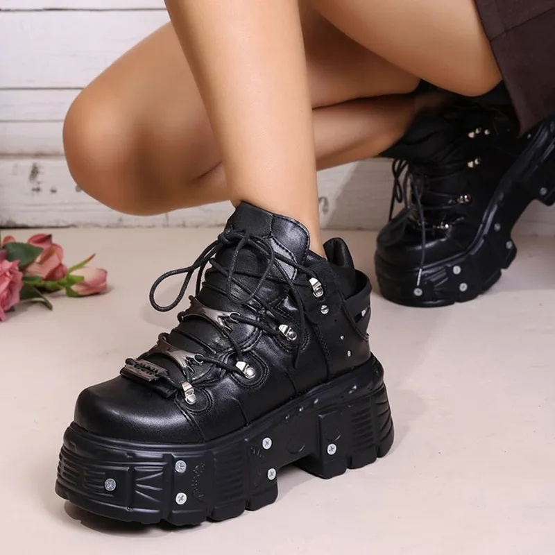 New 2026 Women Shoes Punk Style Lace-up Heel Height 8CM Platform Shoes Woman Gothic Ankle Rock Boots Metal Decor Woman Sneakers view 5