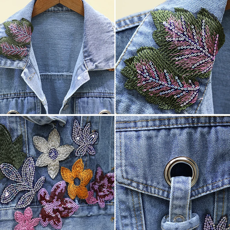 Frauen Jeans Jacke feminine Frühling Herbst Pailletten Blumen stickerei Jeans jacken Mantel weibliche kurze Langarm Oberbekleidung Femme