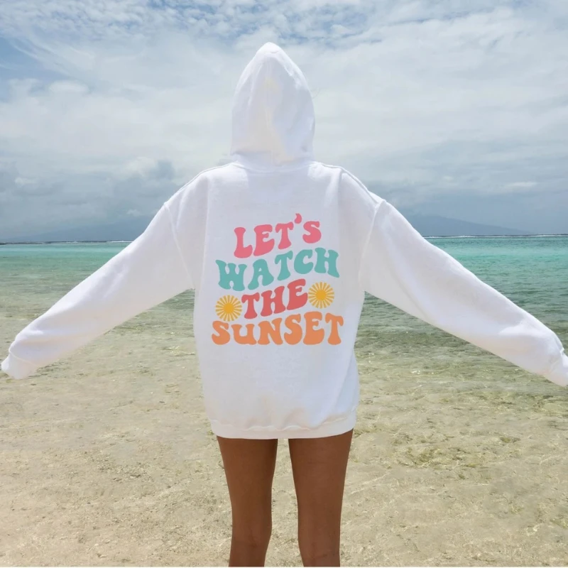 

Let's Watch The Sunset Colorful English Back Printed Women's Clothes Pocket Hooded Sweater Sweatshirts Casual Fashion New