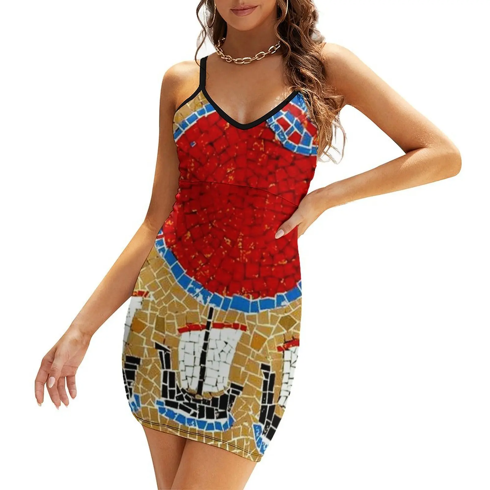 

GREECE : Ancient Greek Mosaic GRECE Boat Print Sling Dress clothes for woman dress for women party dresses women
