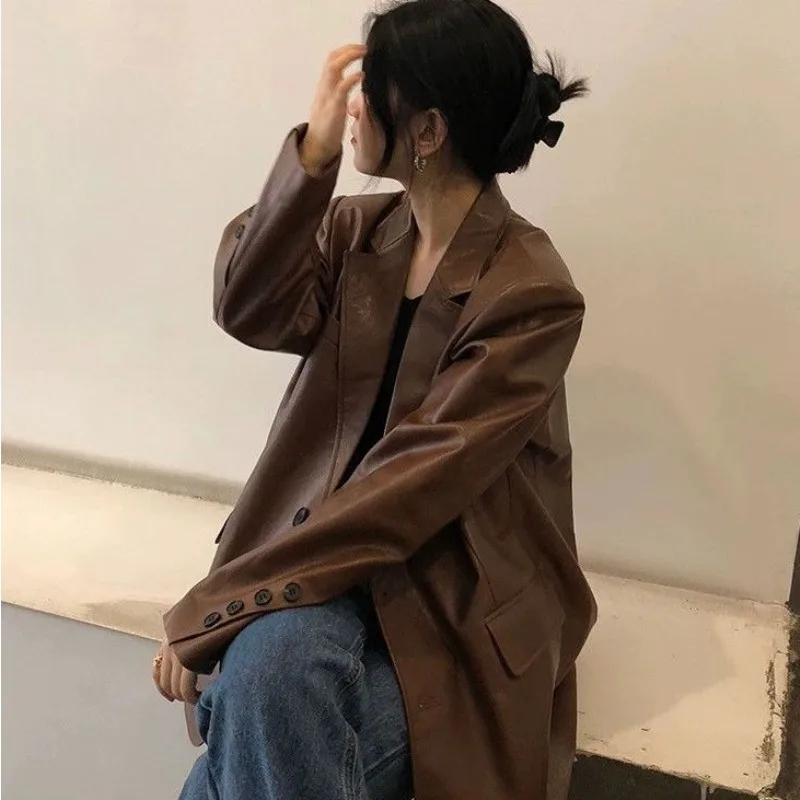 春と秋の新作韓国風ルーズレトロブラウンレザースーツルーズカジュアルスーツジャケット女性用ファッショナブルハイエンドコート