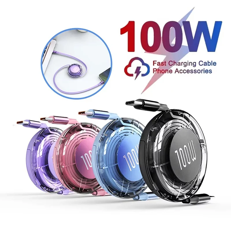 PD 100W Retractable Cable USB Type C to Type C Fast Charging For iPhone 16 15 Huawei Tablet Laptop MacBook USB C to USB C Cable