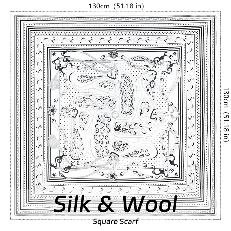 Autumn and Winter Warm Scarf 30% Pure Natural Silk+70% Wool 130x130CM Double-sided digital printing white black shawl pashmina