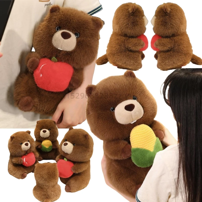 

25-50cm Brown Groundhog Holds Apple Corn Fruits Vegetables Plush Animals Dolls Pillow Super Soft Toys Home Decoration Gifts