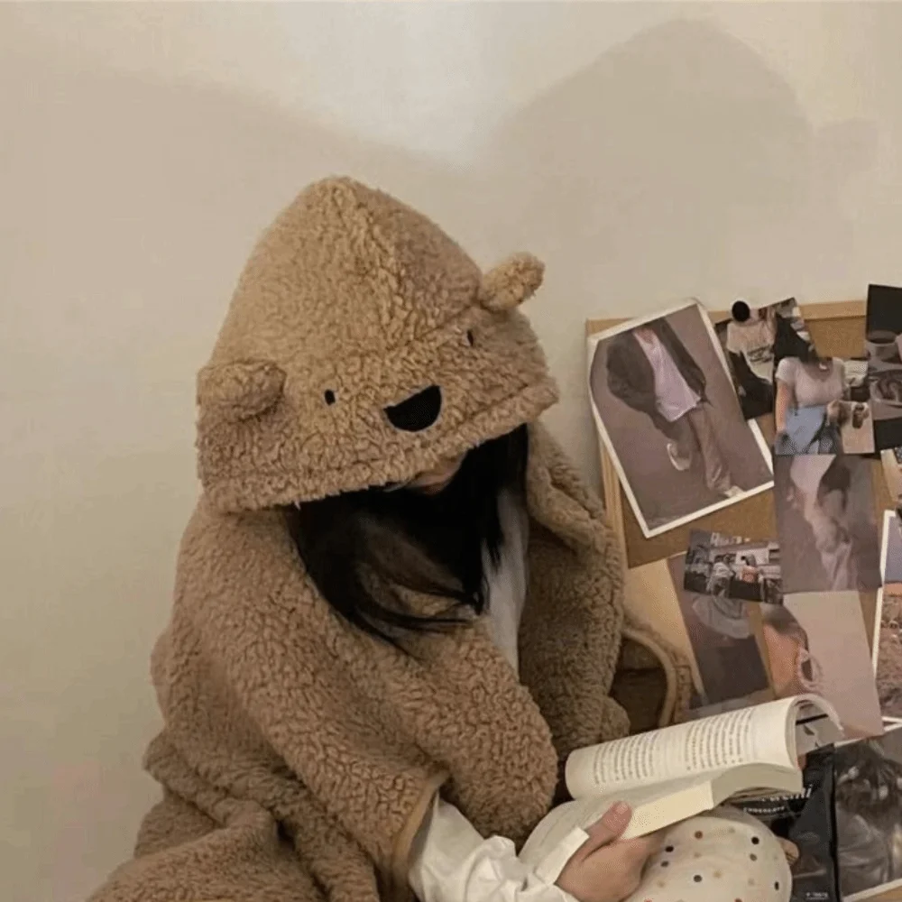 

Одеяло с капюшоном Ins Style Kawaii Bear, флисовый материал, сохраняющее тепло одеяло, шаль, мягкое одеяло, плащ с капюшоном, использование в спальне