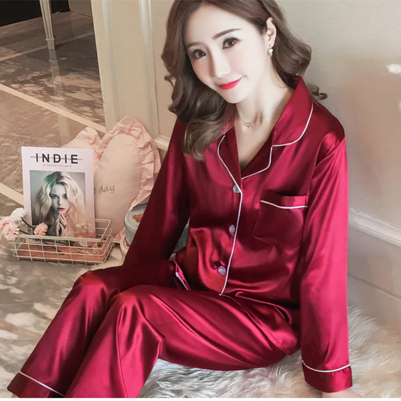 Women\'s Silk Satin Suit Pajamas Set Women\'s Sleeping Two-Piece Set Women\'s Casual Cardigan Silk Pajamas Large Size