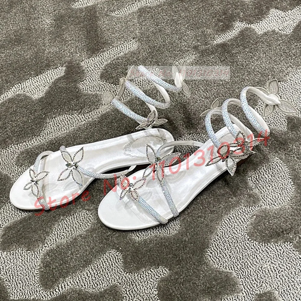 Crystal Butterfly Wrap Flat Sandals Women Luxury Bling Elegant Snake Strap Shoes Ladies Sparkly Design Puttee Party Long Sandals