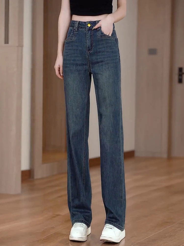 

Retro High Waist Fleece Lined Straight Leg Jeans Women's Autumn Winter New Style Nine Point Small Size Wide Leg Pants