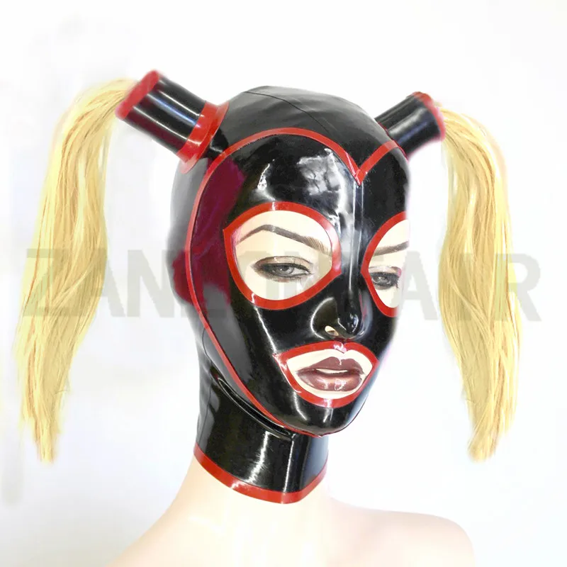 Cagoules en Latex Noir pour Homme et Femme, Lingerie Sexy Faite à la Main, Personnalisée, Yeux Ouverts, avec Perruque en Tube de Cheveux, Uniforme Fétiche