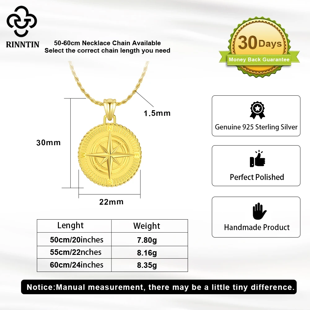 Rinntin 925 Sterling Silver Compass Viking Pendant for Men Women Pure Silver Fashion Travel Talisman Necklace Jewelry Gift NMN02