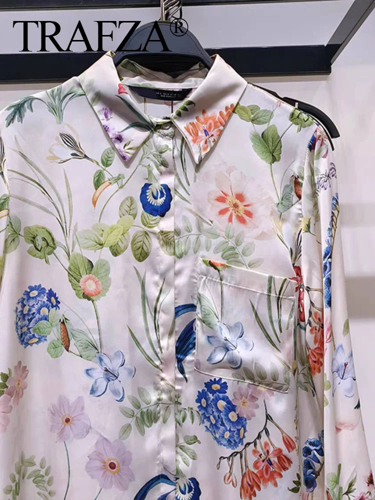 TRAFZA 2024 Women’s Leaf Floral Printed Blouses Button Pocket Long Sleeve Shirts  Women’s Summer Casual Loose Shirts Beach Style