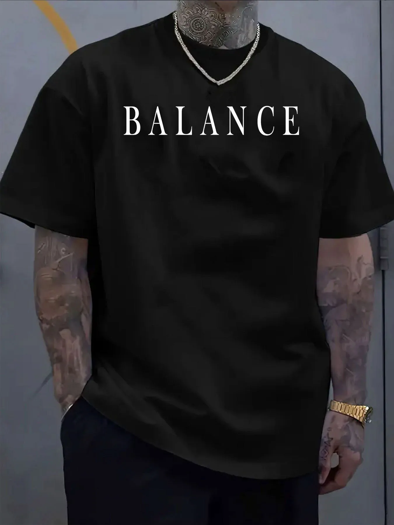 Men's Short Sleeve Oversize T-shirt With Bold BALANCE Letter Print Elastic Neckline Breathable Summer Fabric Regular Fit For Out