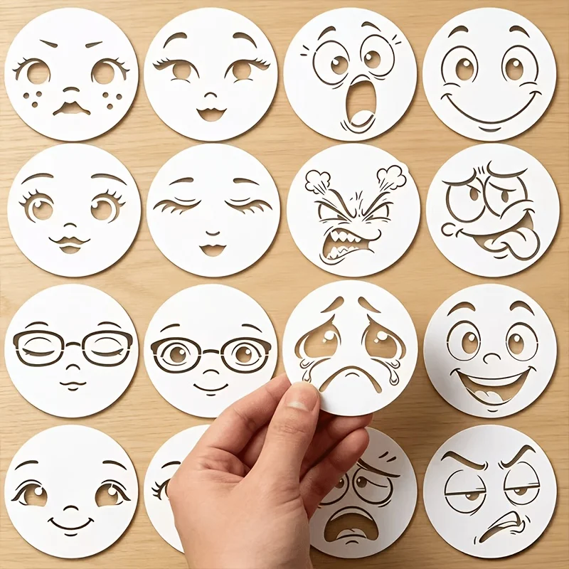 16pcs Reusable Colorable Face Painting Templates with 16 Expression Faces Suitable for DIY Doll Making, Fabric Art,Rock Painting