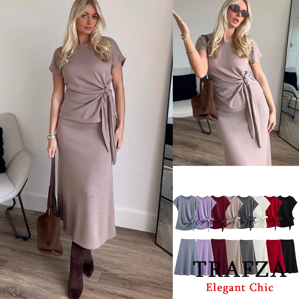 

TRAFZA Women Elegent Bow Tie Knit Tops Skirt Set New 2025 Spring Autumn Elegance Premium Commuter Loungewear Skirt Knit Set